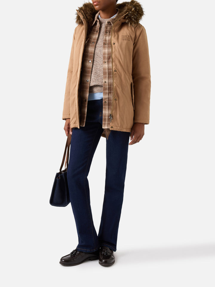 Beige Brenna cotton blend waxed parka with faux fur hood
