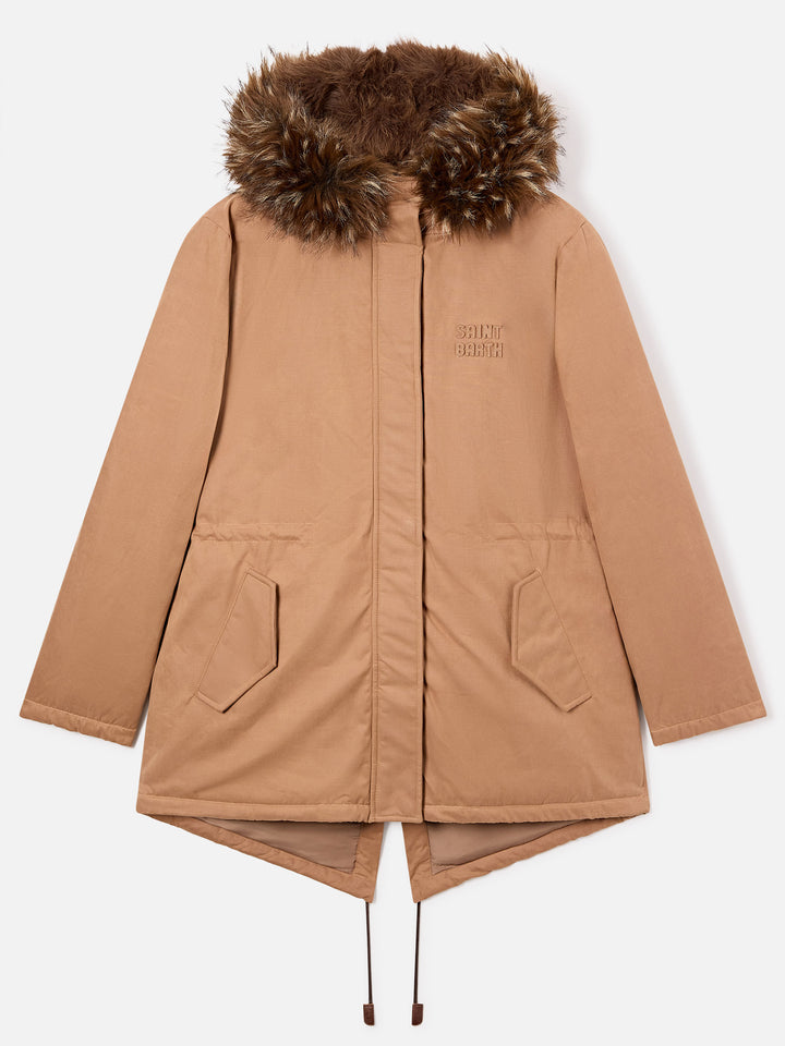Beige Brenna cotton blend waxed parka with faux fur hood