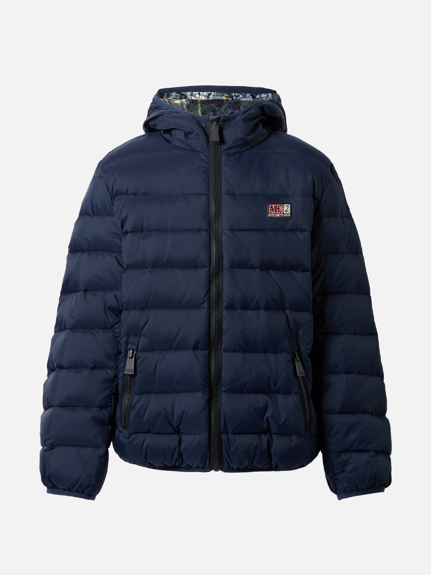 Wendbare Daunenjacke Bob in Marineblau und Tartan
