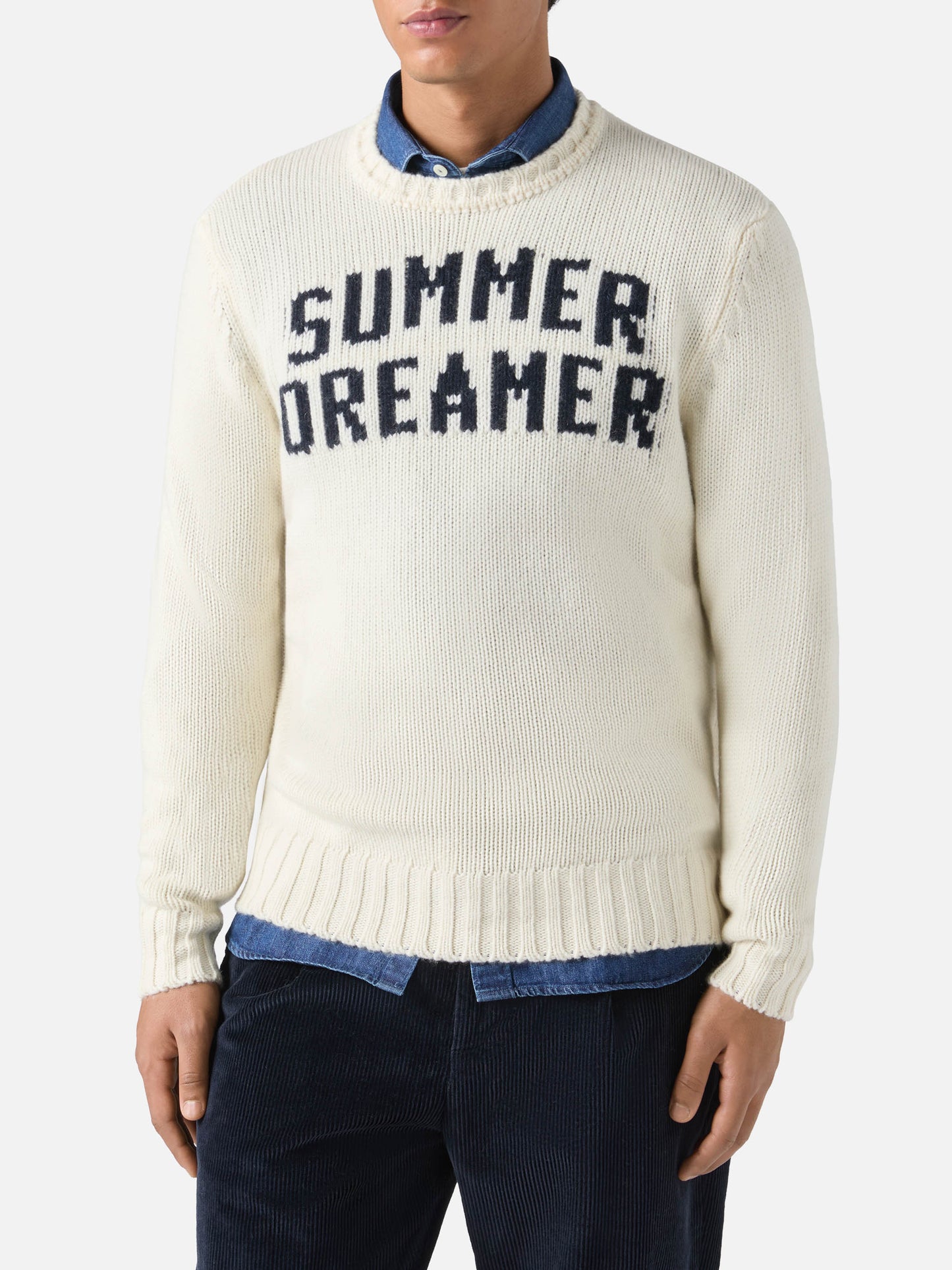 Weißer Bombardino-Pullover mit Rundhalsausschnitt und Sommerträumer-Jacquardmuster