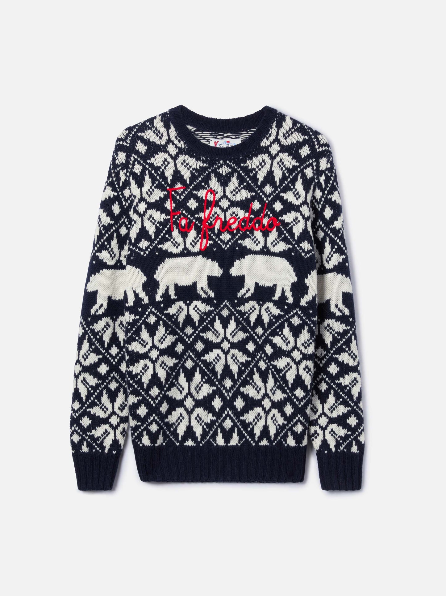 Herrenpullover Bombardino mit norwegischem Jacquard und Fa Freddo-Stickerei