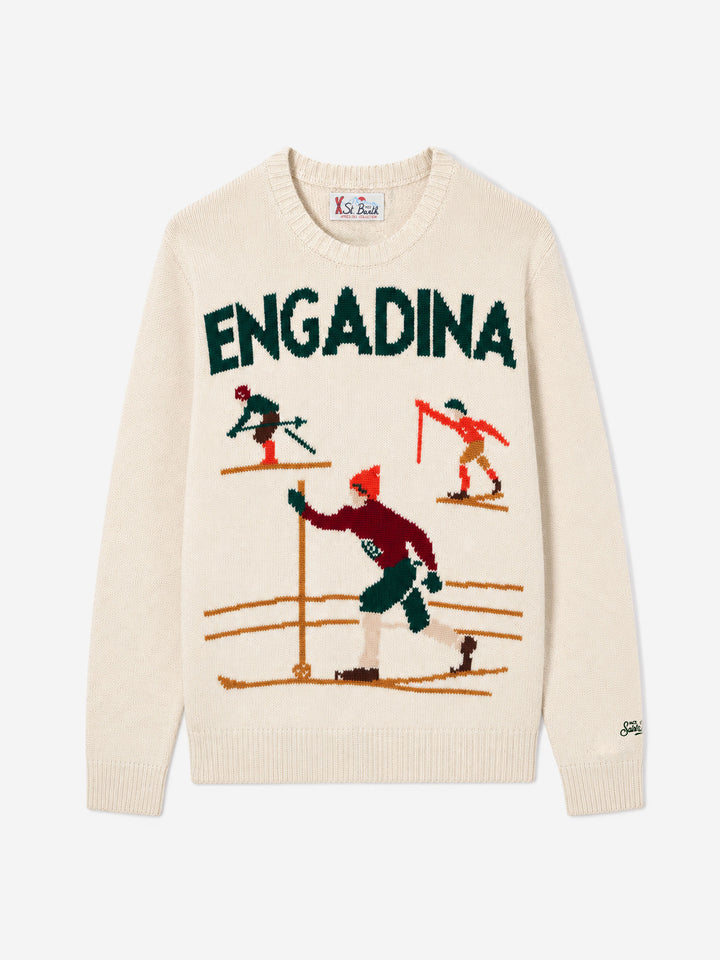 Suéter blanco Bombardino Light con jacquard de esquiadores Engadina 