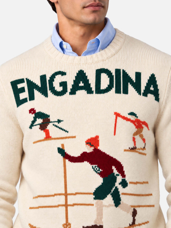 Suéter blanco Bombardino Light con jacquard de esquiadores Engadina 