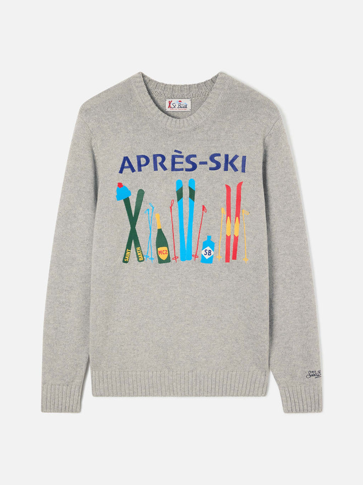 Grauer Bombardino leichter Rundhals-Strickpullover mit Après Ski Intarsie und Stickerei 