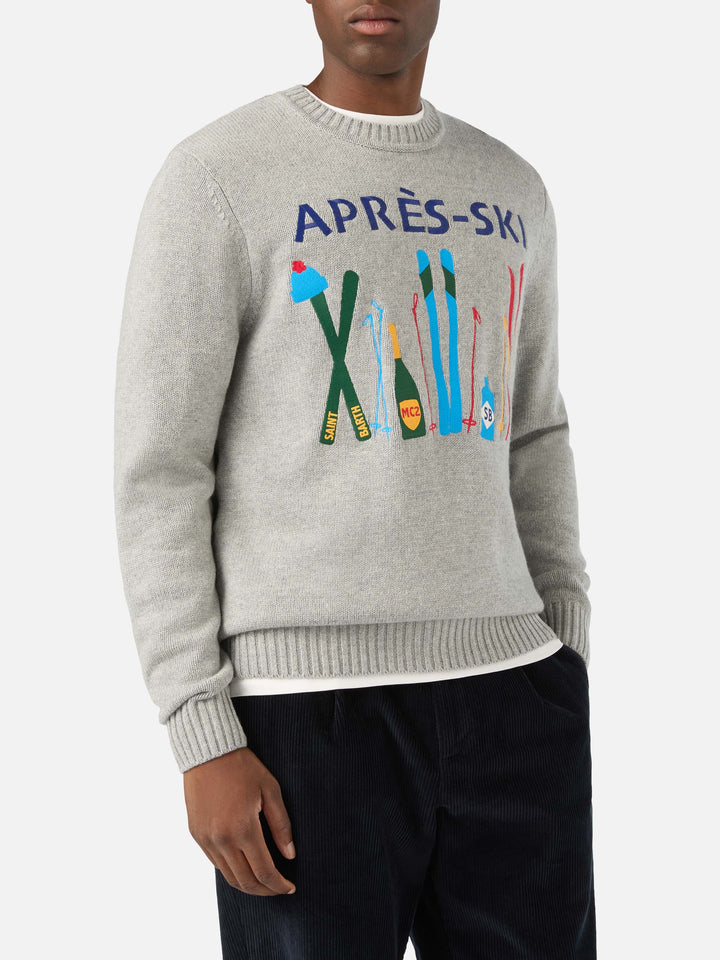 Grauer Bombardino leichter Rundhals-Strickpullover mit Après Ski Intarsie und Stickerei 