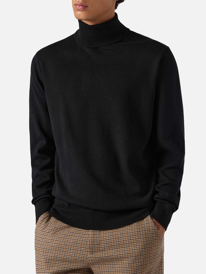 Rollkragenpullover Bond aus schwarzer Merinowolle und Kaschmir