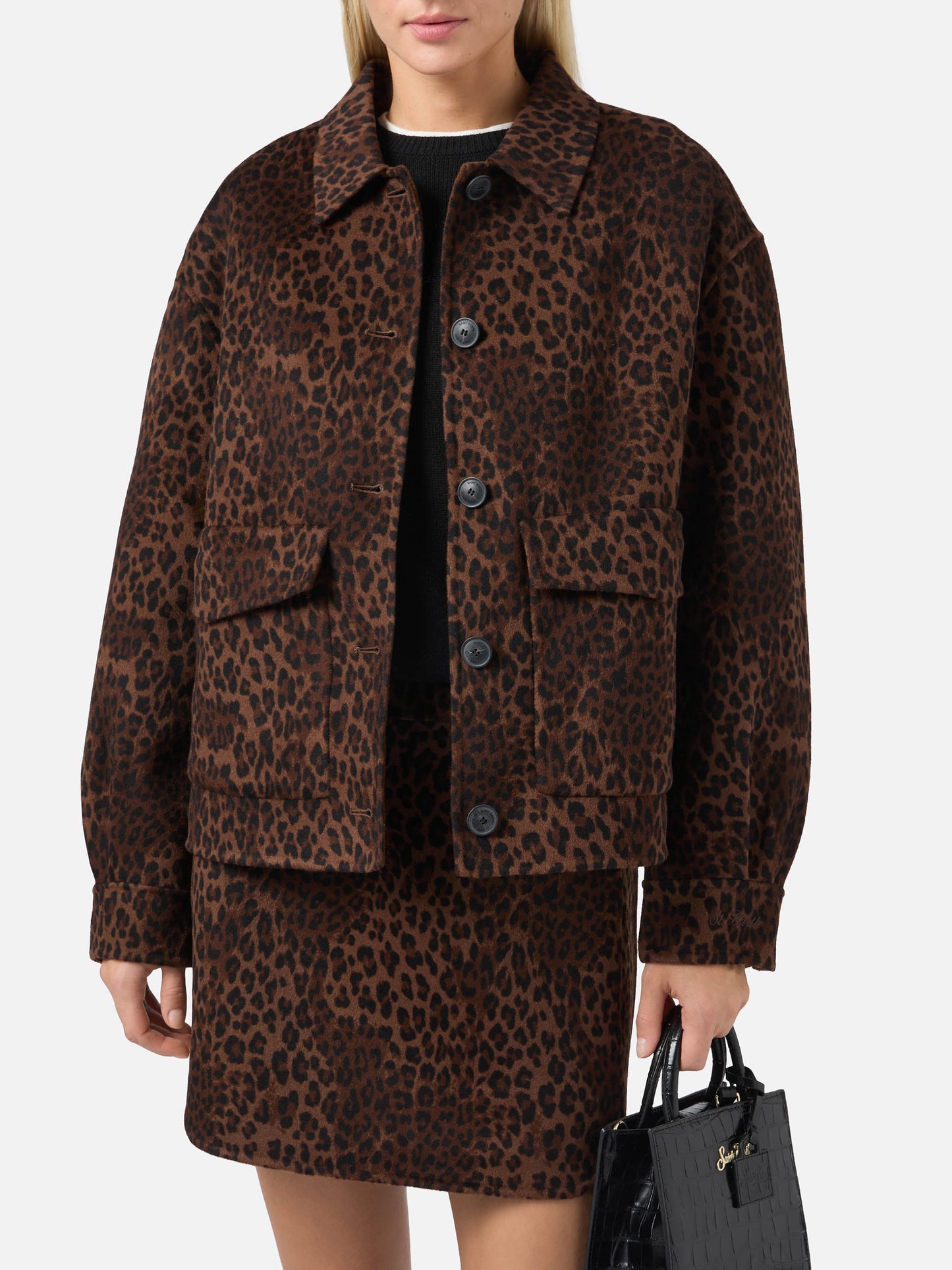 Veste cropped Bonnibell en double tissu à imprimé léopard 
