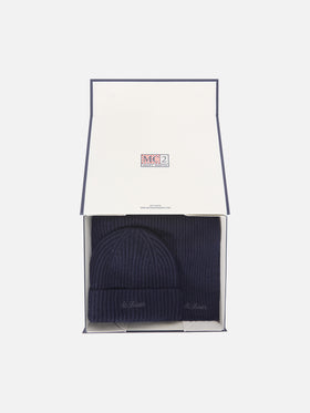 Navy blue cashmere beanie and scarf set