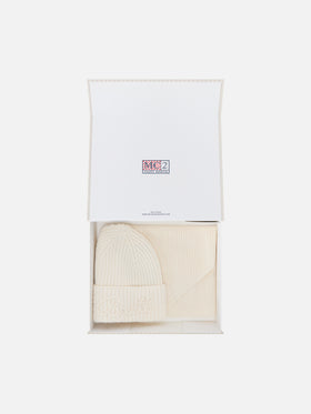 Set berretto e scaldacollo con cappuccio in lana off white