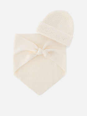 Set berretto e scaldacollo con cappuccio in lana off white