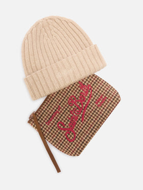 Pochette with houndstooth pattern and beige beanie set