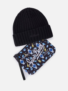 Set mit Pochette mit Austern- und Uhren-Print und schwarzer Beanie 