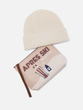 Set aus Pochette mit Après Ski-Print und beiger Mütze 