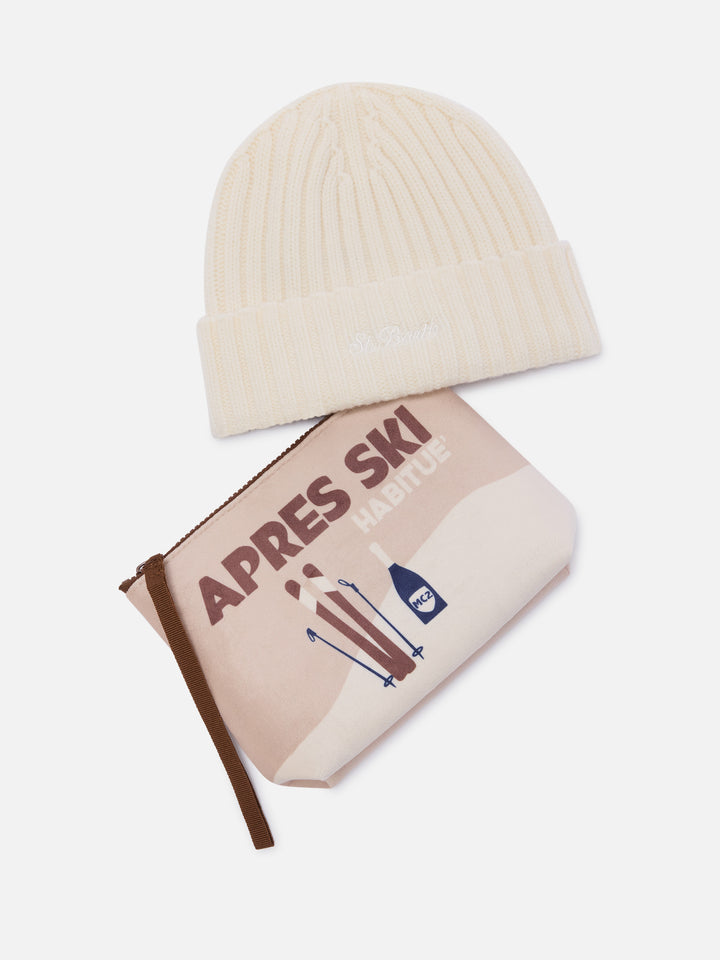 Set pochette con stampa Après Ski e berretto beige