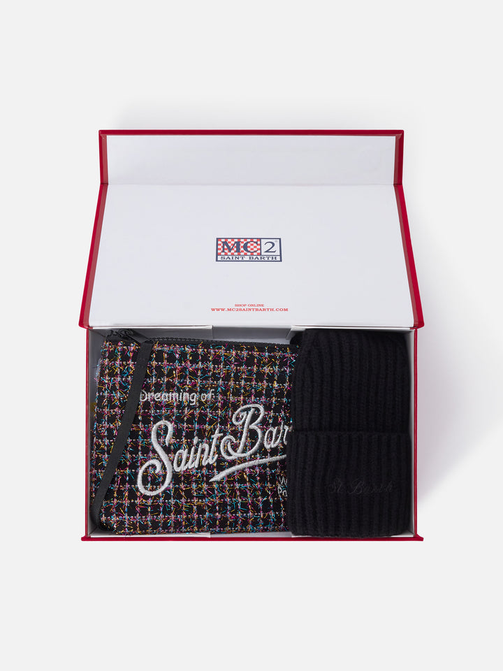 Ensemble en tweed noir pochette et bonnet noir 