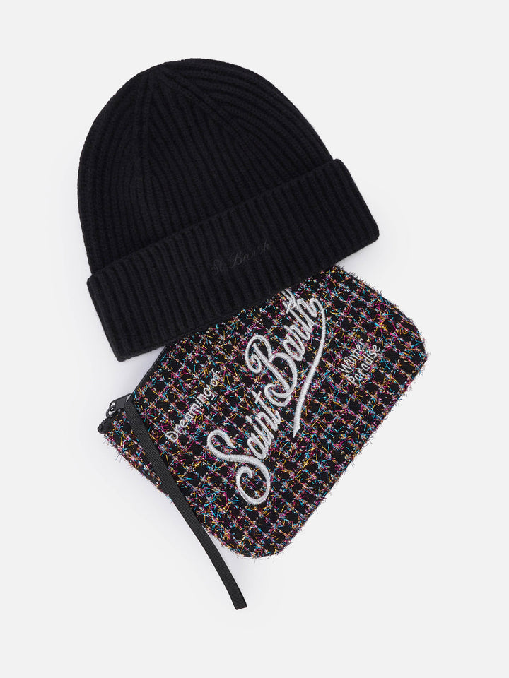 Ensemble en tweed noir pochette et bonnet noir 
