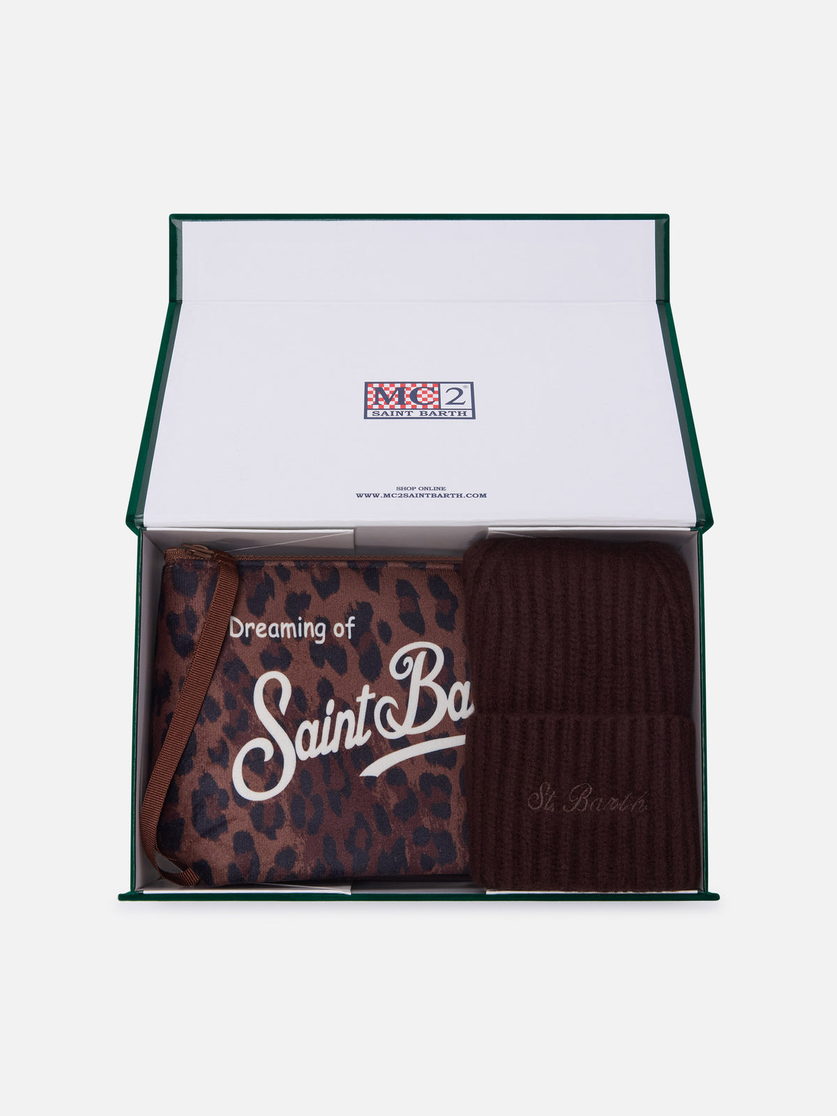 Pochette mit Leopardenprint und braunem Mützen-Set 