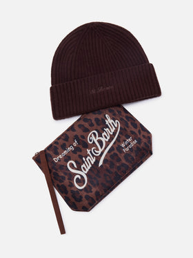 Pochette mit Leopardenprint und braunem Mützen-Set 