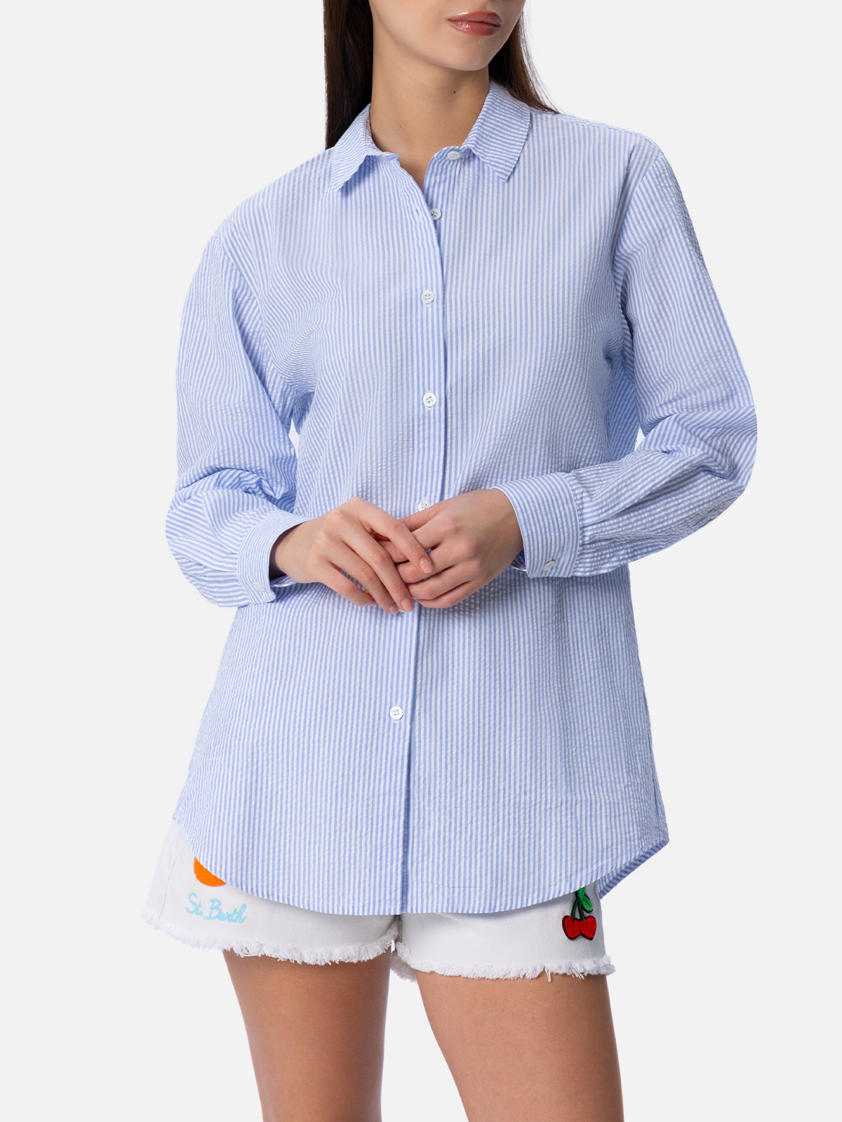 Brigitte striped-print seersucker shirt with Saint Barth embroidery - MC2 Saint Barth