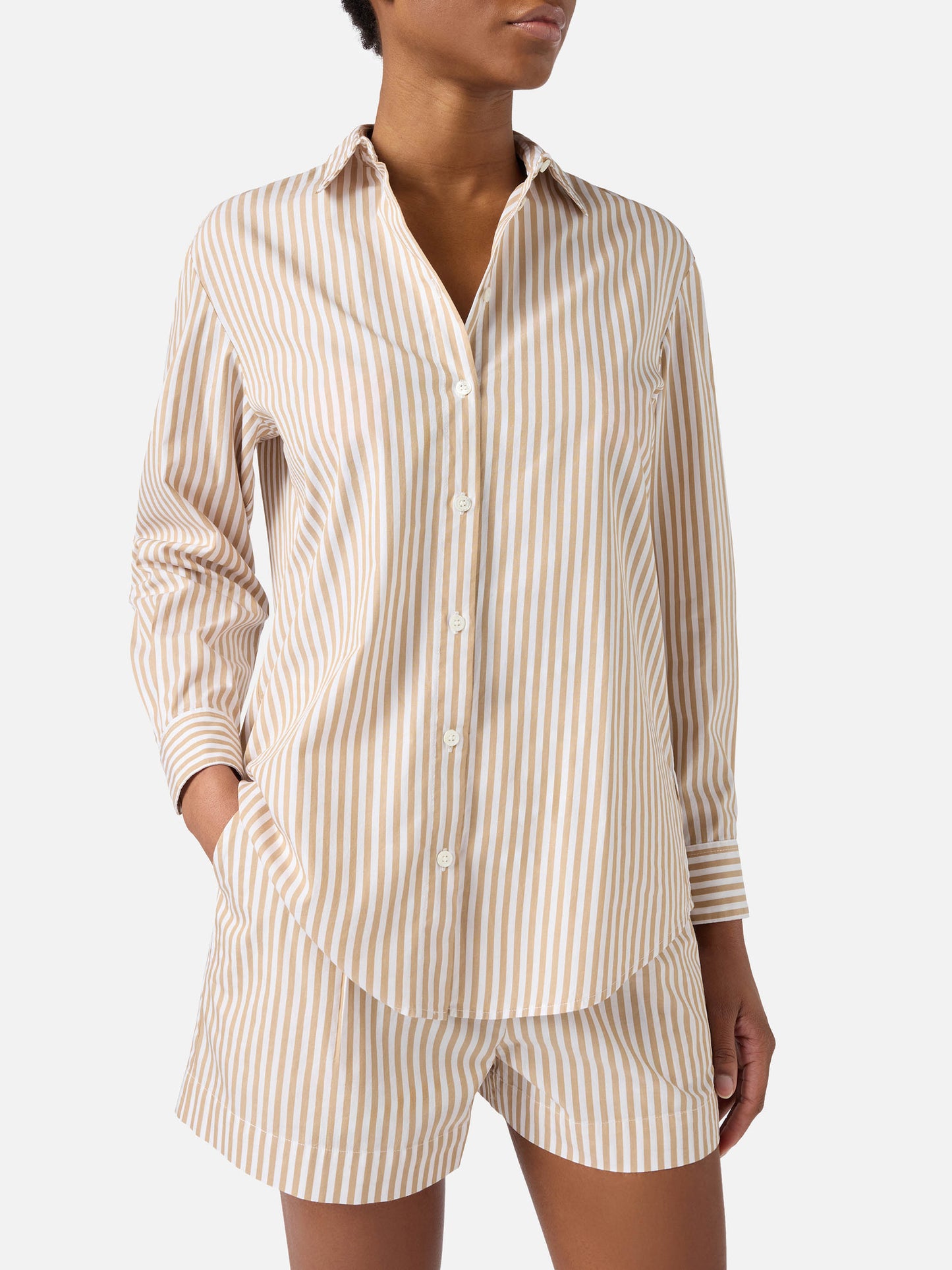 Chemise Brigitte en coton à rayures beiges avec broderie Sport Club 