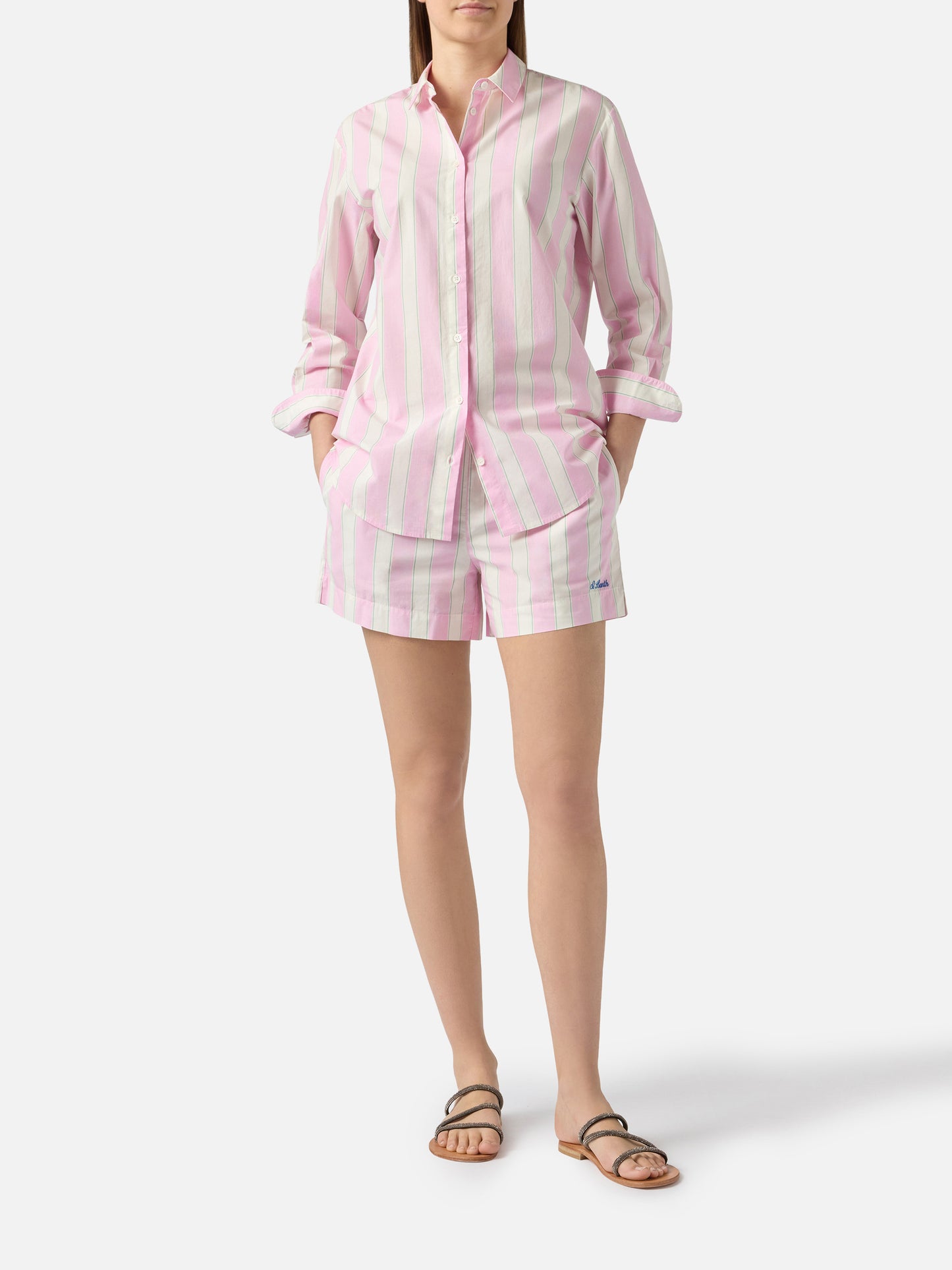 Chemise Brigitte en coton à rayures roses avec broderie Sport Club 