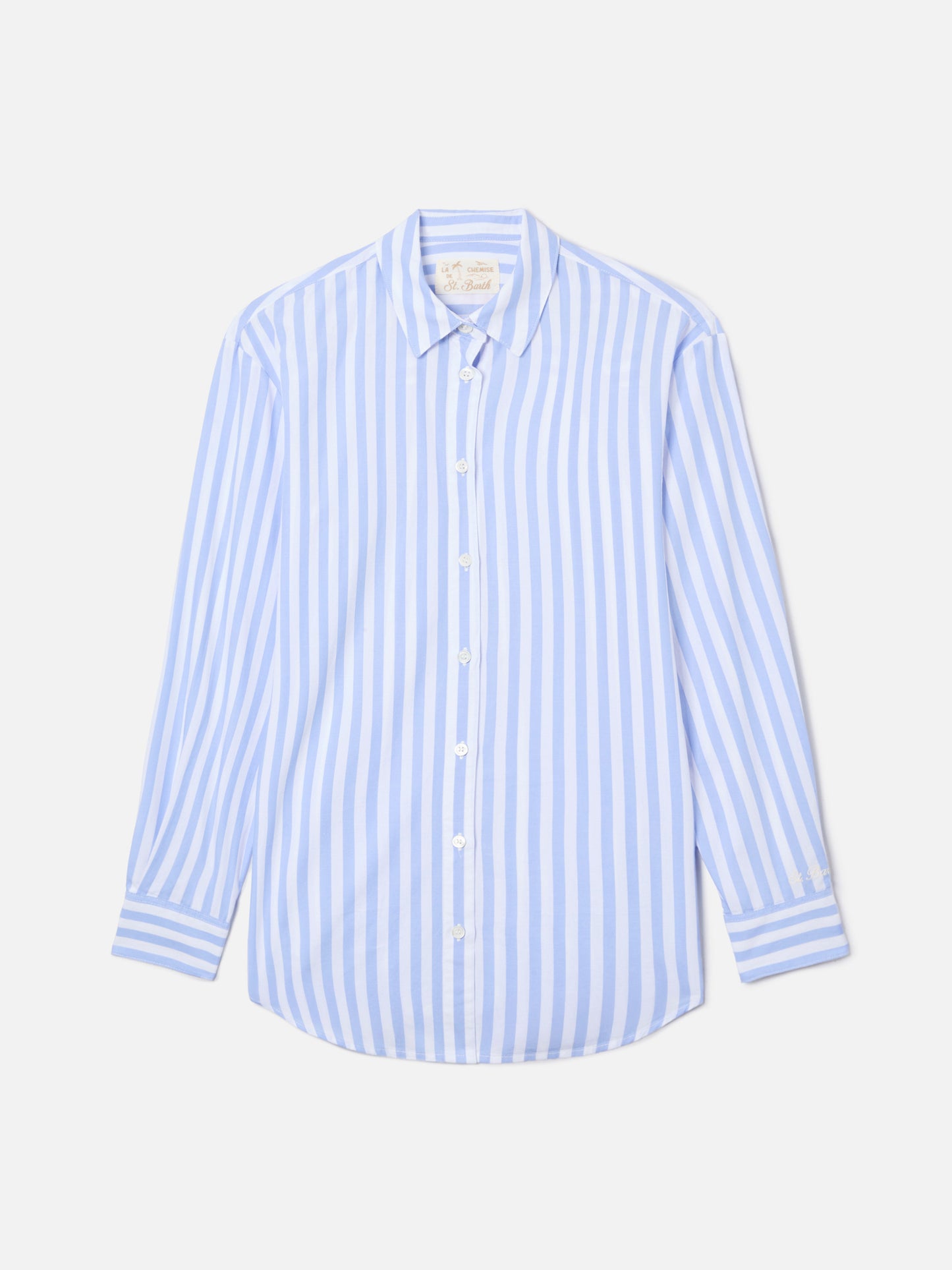 Camicia Brigitte in cotone a righe azzurre con ricamo Bollicine Please!