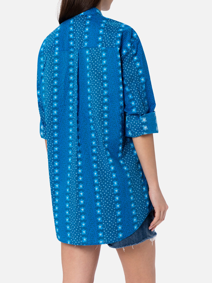 Woman cotton shirt Brigitte with indigo flower print - MC2 Saint Barth