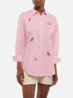 Baumwollhemd Brigitte mit Streifenprint und Miami-Habituè-Stickerei