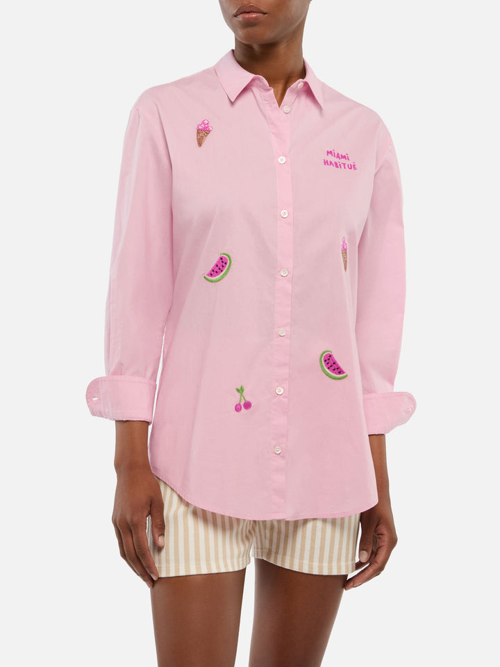 Brigitte camicia in cotone a righe con ricamo Miami habitué