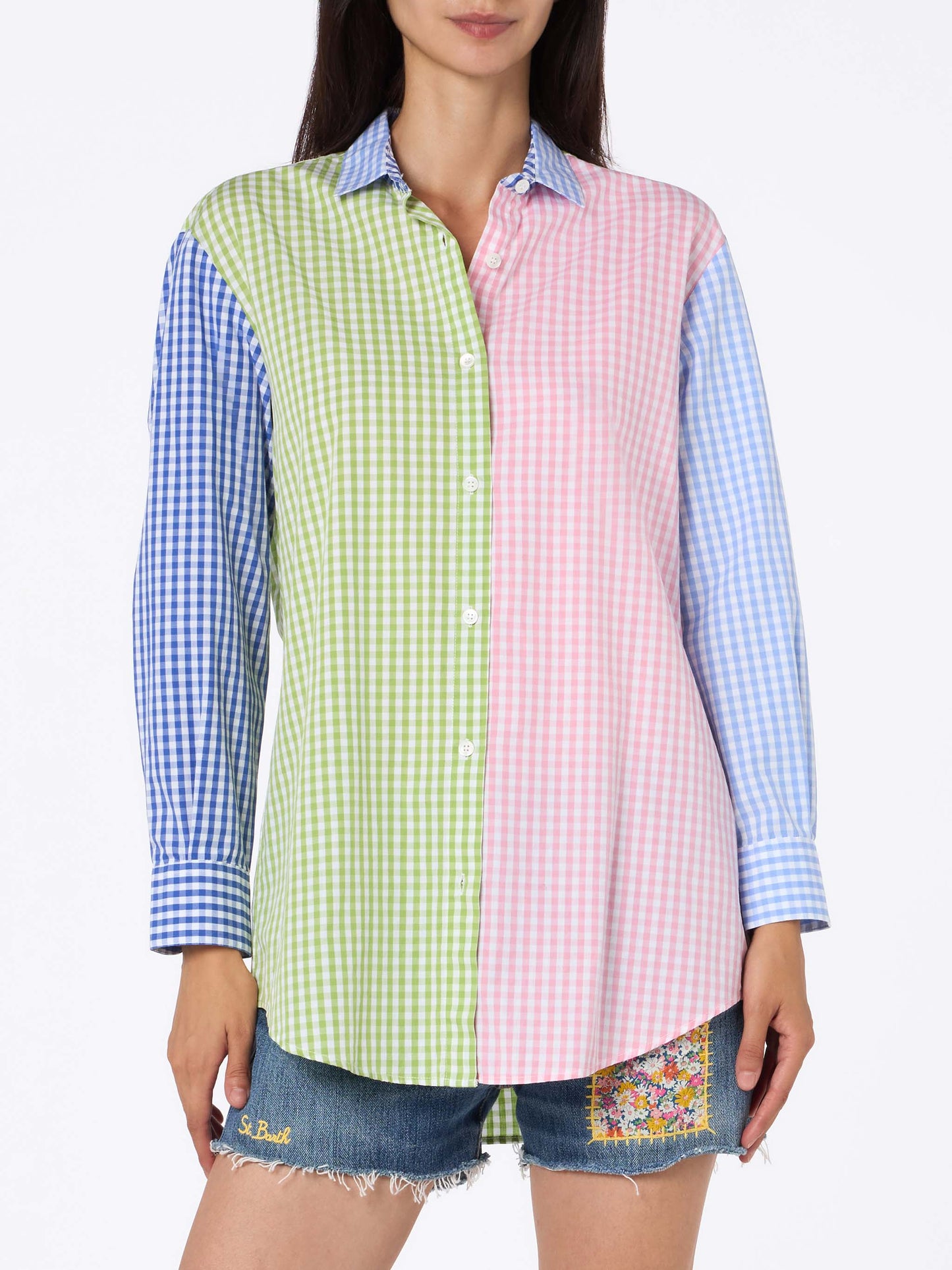 Woman cotton shirt Brigitte with multicolor vichy print and Saint Barth embroidery - MC2 Saint Barth