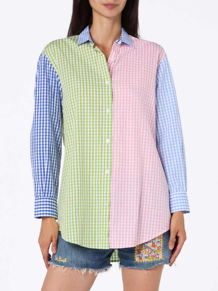 Woman cotton shirt Brigitte with multicolor vichy print and Saint Barth embroidery - MC2 Saint Barth