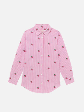 Mini Brigitte pink striped seersucker shirt with strawberry embroidery - MC2 Saint Barth