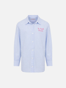 Mini Brigitte light blue striped seersucker shirt with Snoopy print | SNOOPY PEANUTS® SPECIAL EDITION