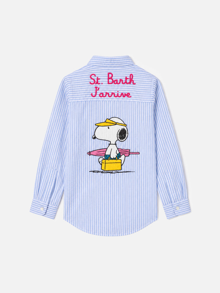 Camicia Mini Brigitte in seersucker a righe azzurre con stampa Snoopy | SNOOPY PEANUTS® SPECIAL EDITION