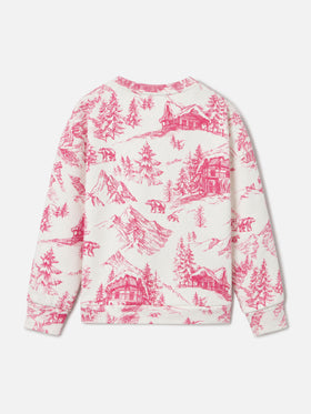 White Briony crewneck sweatshirt with pink toile de Jouy mountain print