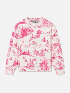White Briony crewneck sweatshirt with pink toile de Jouy mountain print
