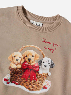 Briony-Sweatshirt mit Rundhalsausschnitt, Welpenprint und Stickerei