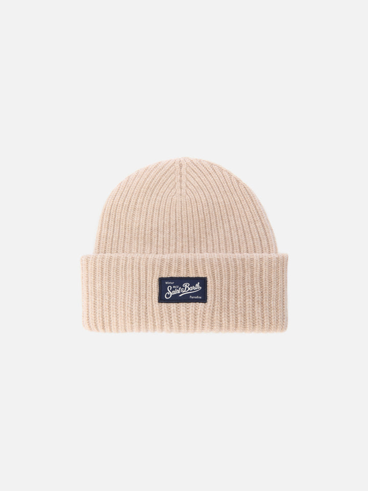 Berry W gerippte Mütze aus Kaschmir-Mischgewebe in Beige