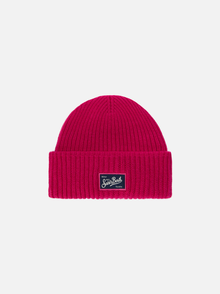 Berry W gerippte Mütze aus Kaschmir-Mischgewebe in Fuchsia