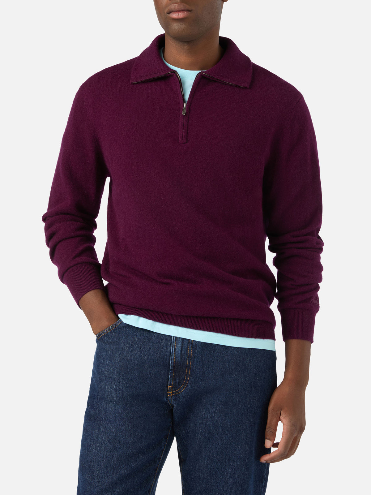 Burgunderroter Buck Kaschmir-Strickpullover mit Halbzip 