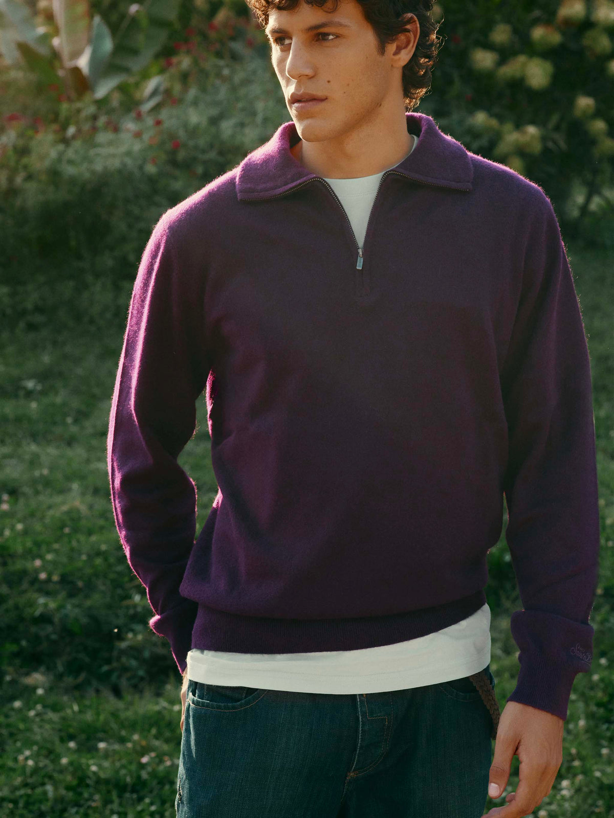 Burgunderroter Buck Kaschmir-Strickpullover mit Halbzip 