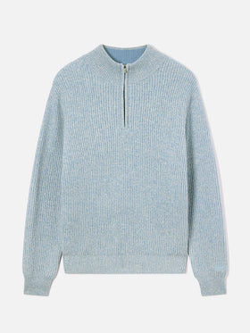 Pull en laine Buck blue légère à demi-zip avec côtes moulinées 