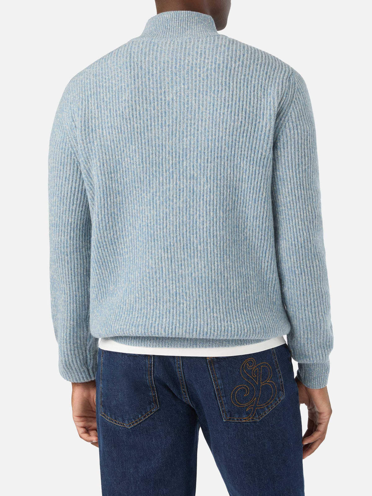 Jersey de punto de media cremallera de lana Buck Light blue con canalé mouliné 
