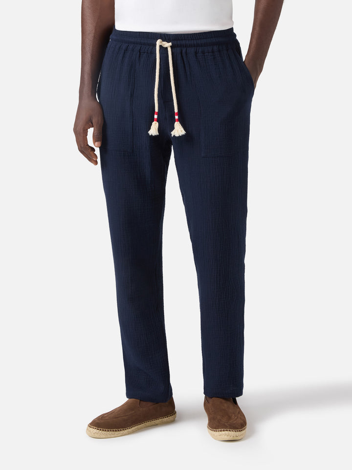 Calais long pants in crinkled pure cotton gauze navy blue