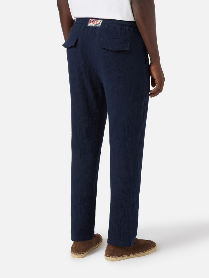 Calais long pants in crinkled pure cotton gauze navy blue