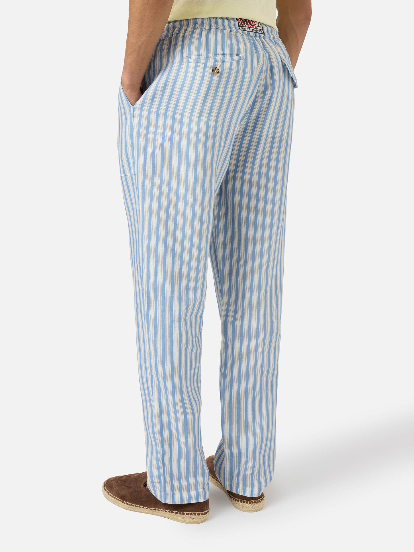 Calais long linen pants with cream and light blue stripes