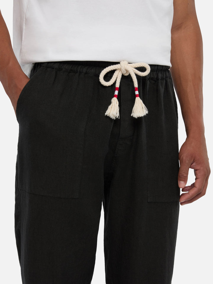 Schwarze Herren-Leinen-Calais-Hose mit Kordelzug