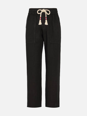 Schwarze Leinenhose Calais mit Kordelzug