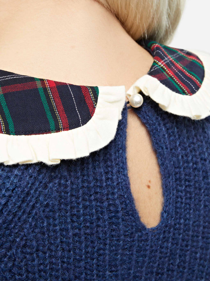 Jersey de canalé azul marino para mujer Calia con cuello tartán y lazo 