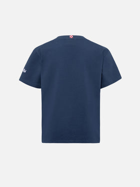 Cameron Baumwoll-T-Shirt in Blau mit Raga Volo-Stickerei